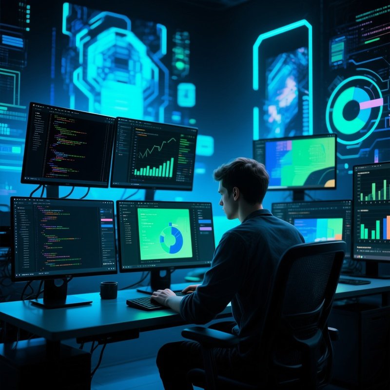 A Remote Worker With Multiple Monitors In A Digital World