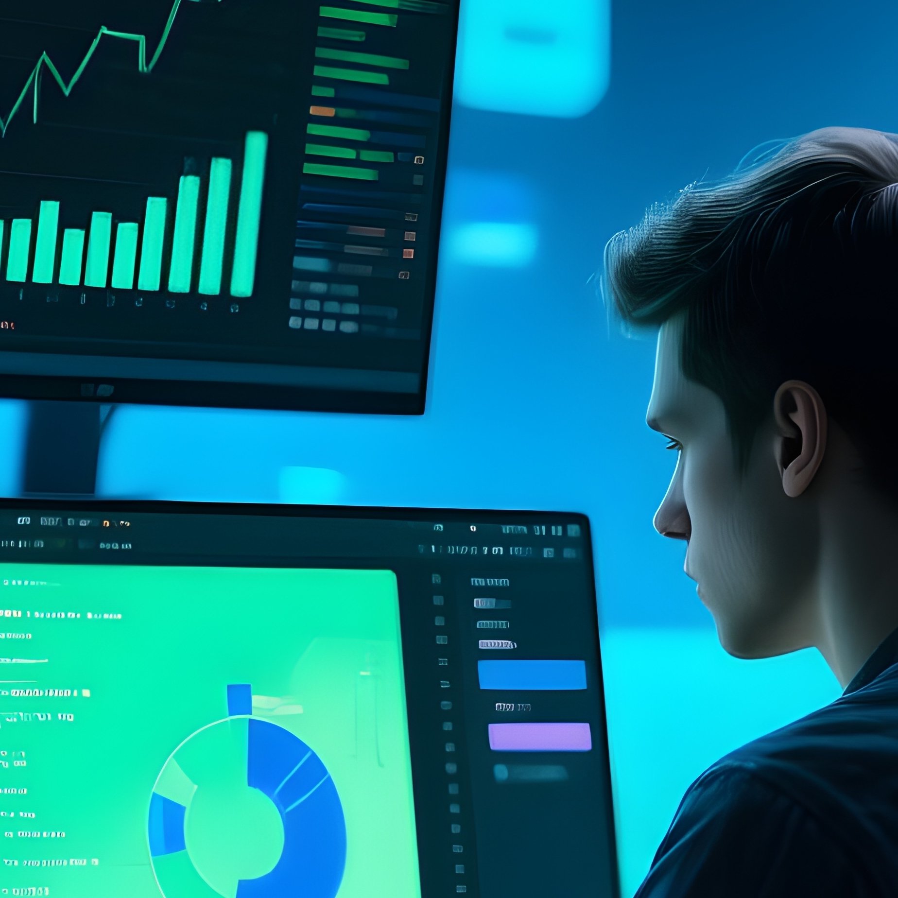 A Remote Worker With Multiple Monitors In A Digital World - Full Resolution Quality Preview