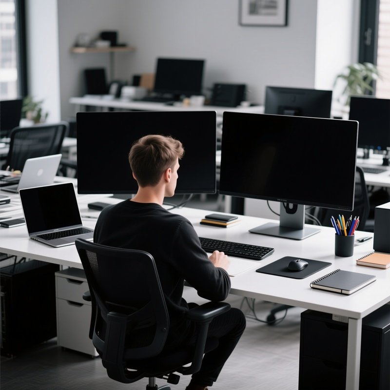 A Remote Worker With Multiple Monitors Setting Up Desk