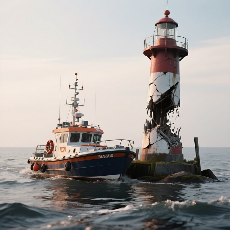 A Rescue Boat Drifting Near A Damaged Navigational Marker
