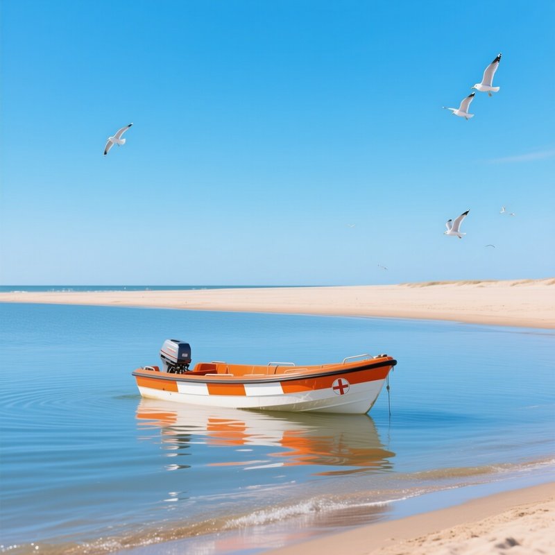 A Rescue Boat Idling Near A Calm Sandy Beach