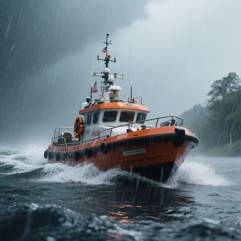 A Rescue Boat Moving Through Thick Rain Showers