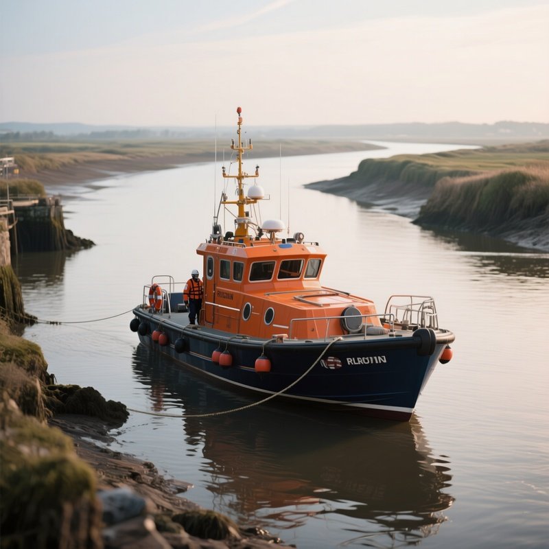 A Rescue Boat Stationed Near A River Mouth