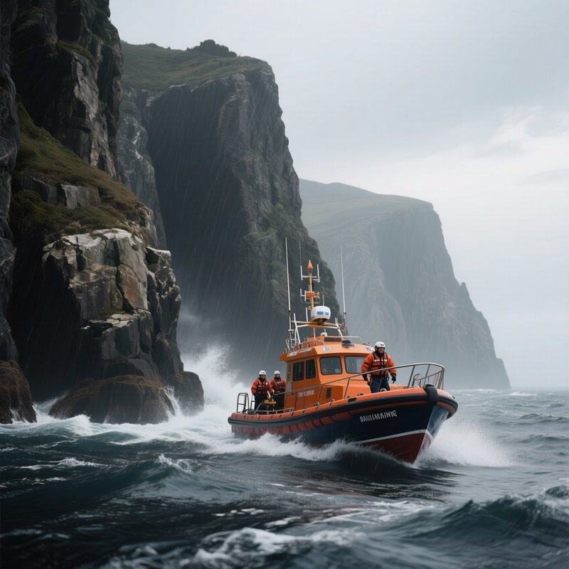 A Rescue Boat Training Near Rocky Cliffs In Windy Weather