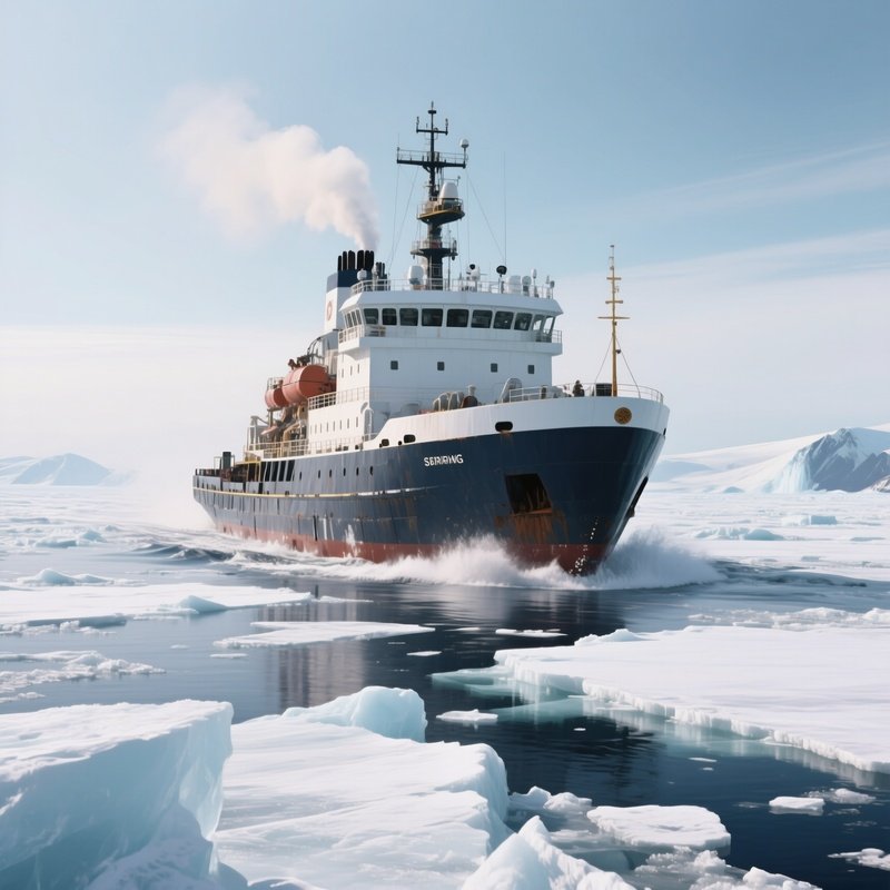 A Research Icebreaker Pushing Through Solid Sea Ice Fields