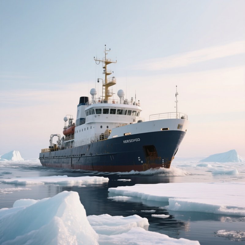 A Research Vessel Passing Ice Floes Under A Pale Sky