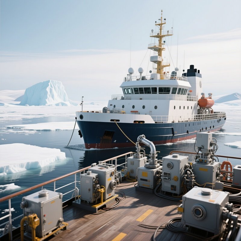 A Research Vessel With Equipment On Deck Anchored Near Polar Ice