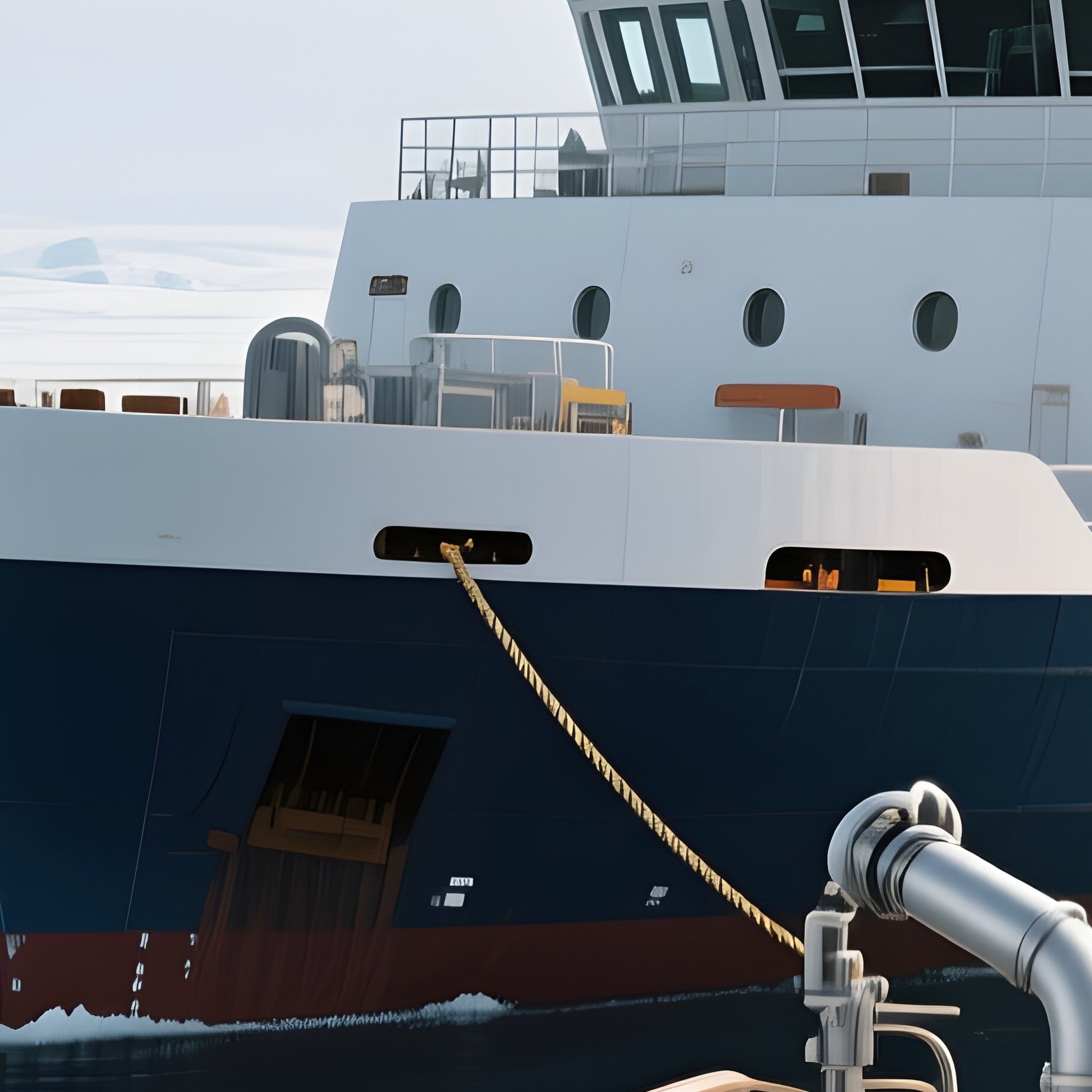 A Research Vessel With Equipment On Deck Anchored Near Polar Ice - Full Resolution Quality Preview