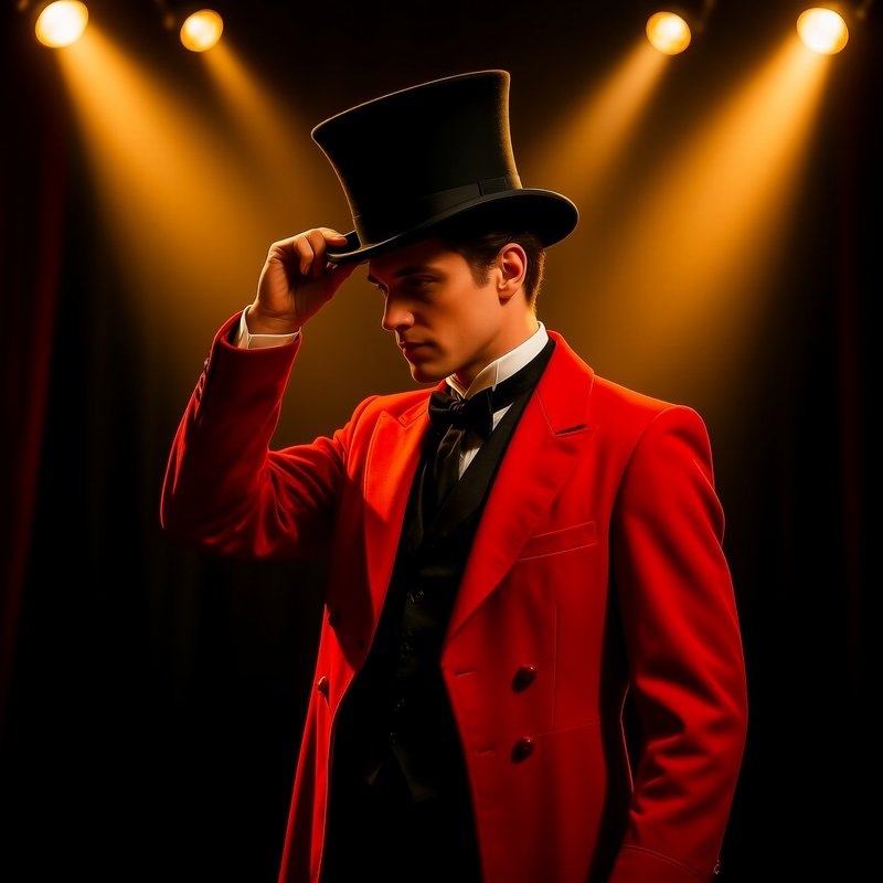 A Ringmaster In A Red Coat Tipping His Hat Beneath Golden Spotlights