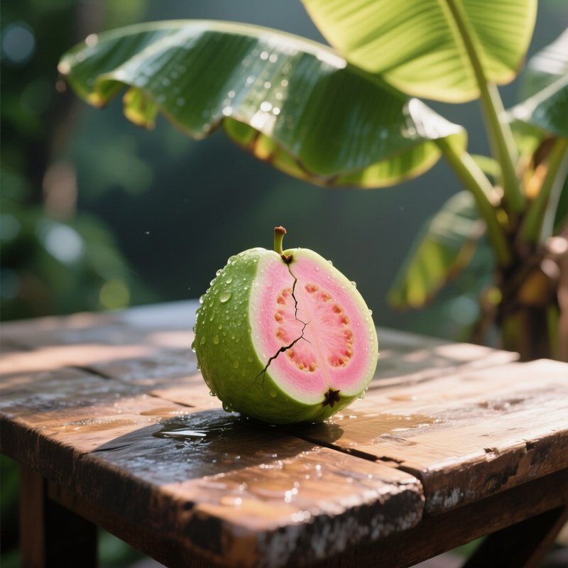 A Ripe Guava Splashed With Morning Dew Lies On A Weathered Wooden Table Under Dappled Sunlight