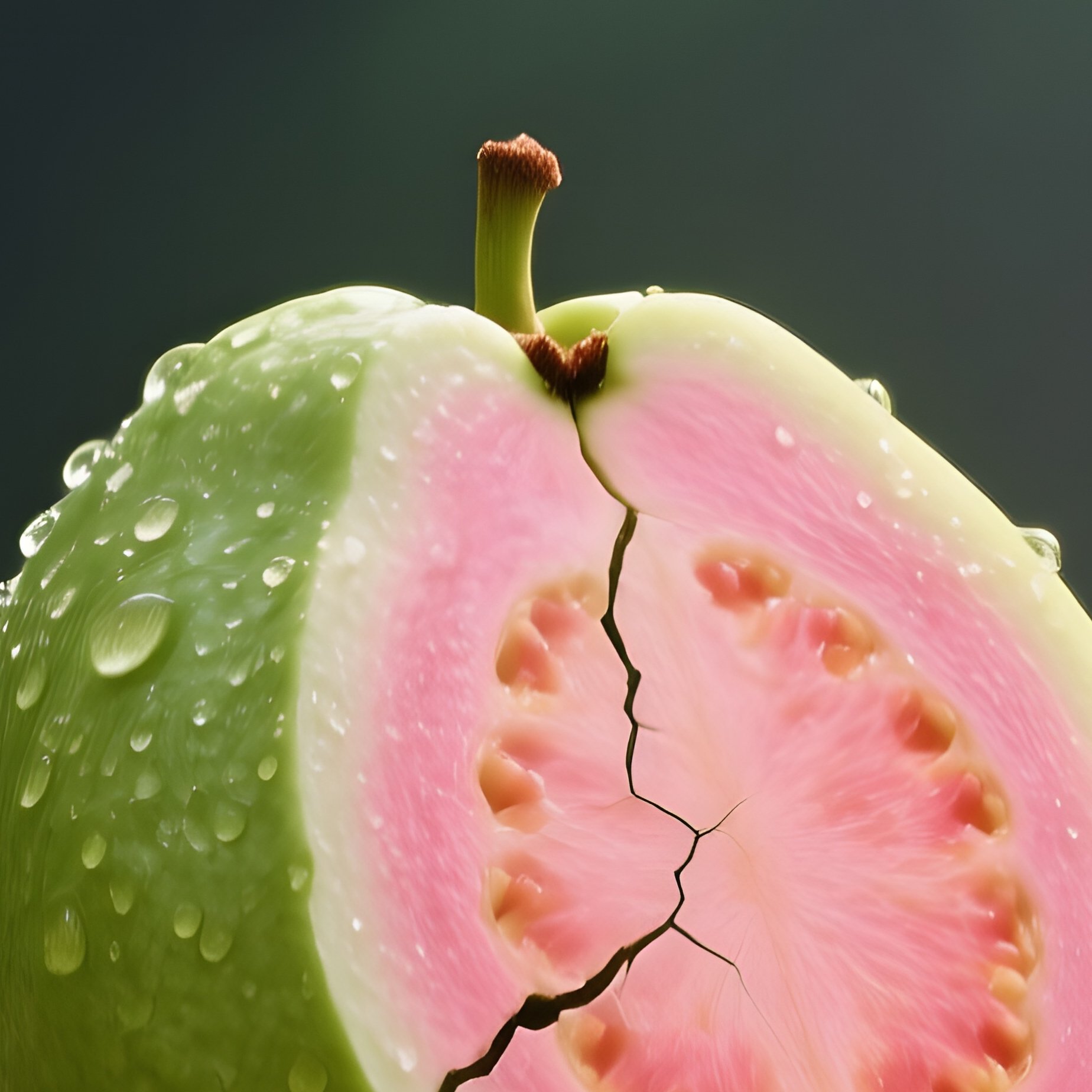 A Ripe Guava Splashed With Morning Dew Lies On A Weathered Wooden Table Under Dappled Sunlight - Full Resolution Quality Preview
