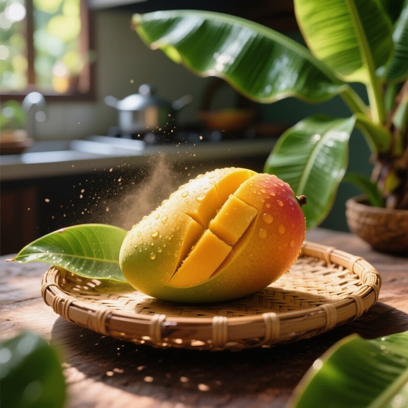 A Ripe Mango Glistens With Morning Dew On A Woven Rattan Tray In A Sunlit Indonesian Kitchen, Its