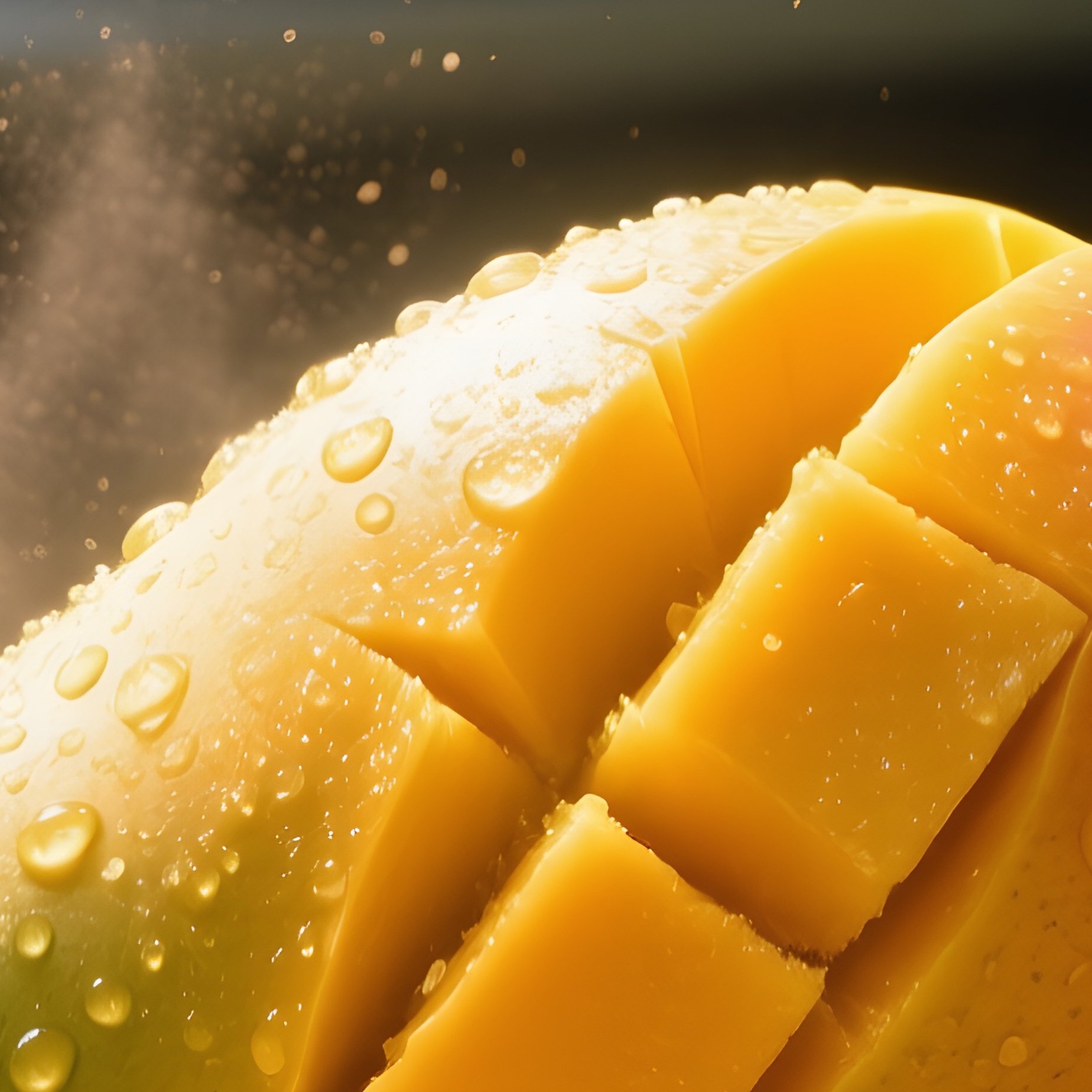 A Ripe Mango Glistens With Morning Dew On A Woven Rattan Tray In A Sunlit Indonesian Kitchen, Its - Full Resolution Quality Preview
