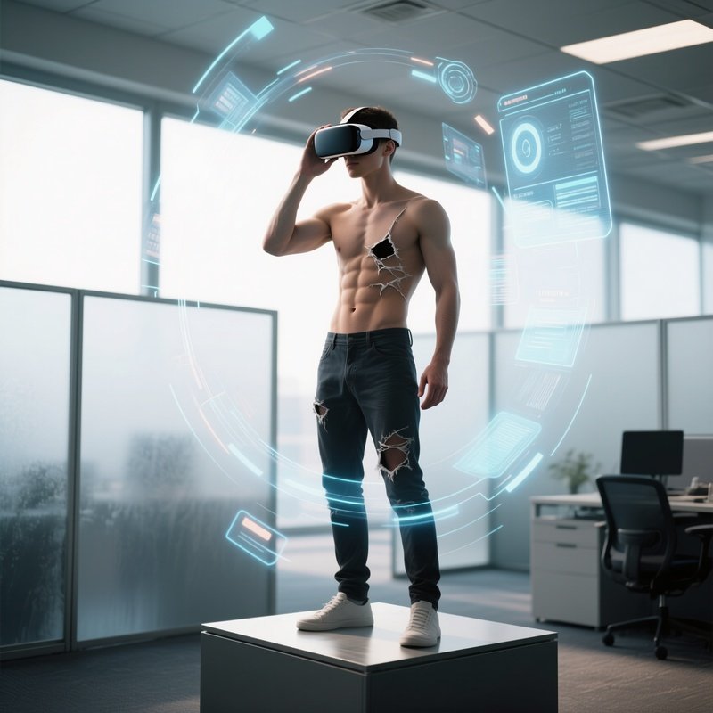 A Ripped Programmer With Defined Abs Standing On A Raised Platform, Holding A Vr Headset To His