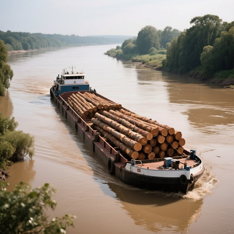 A River Barge Carrying Timber Down A Wide Muddy River
