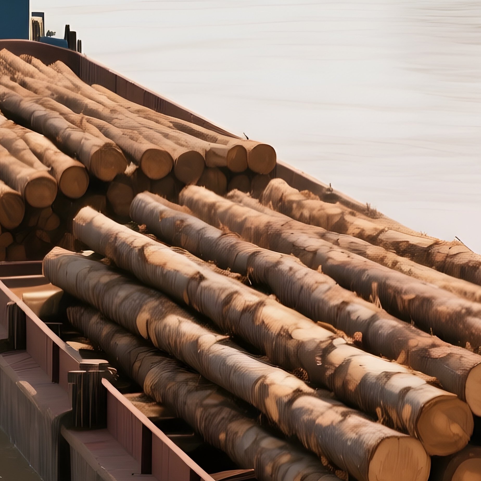 A River Barge Carrying Timber Down A Wide Muddy River - Full Resolution Quality Preview
