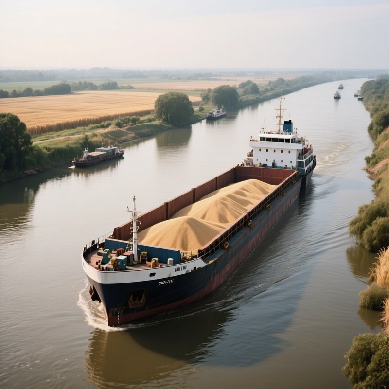 A River Cargo Ship Transporting Grain Along Inland Waterways