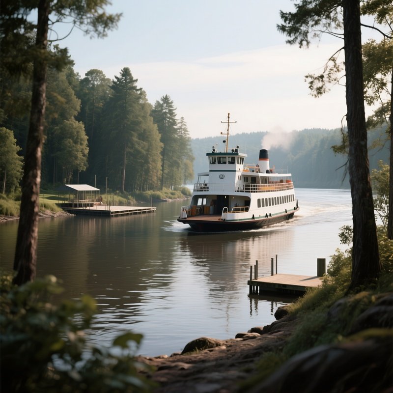 A River Ferry Approaching A Forested Shoreline Landing