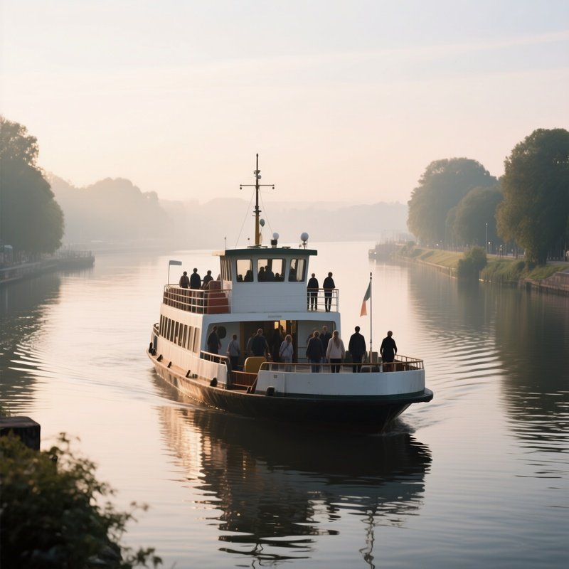 A River Ferry Carrying Pedestrians Under Soft Morning Light