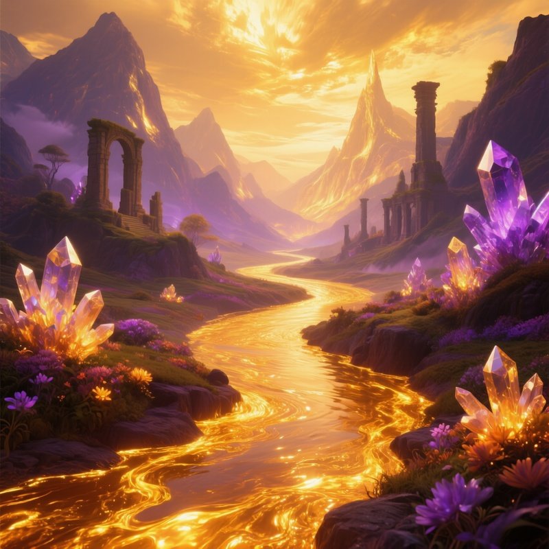 A River Flowing With Liquid Gold Instead Of Water In A Fantasy Realm