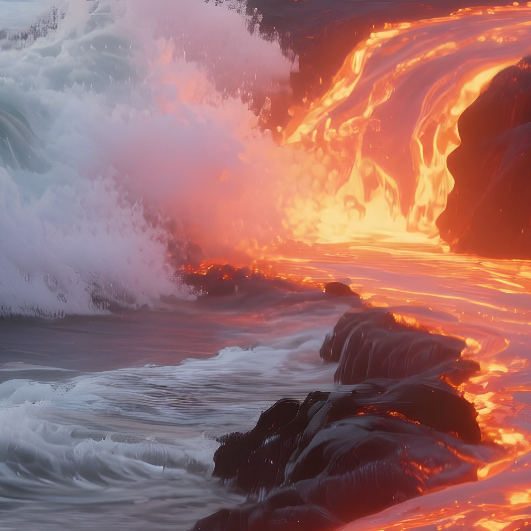 A River Of Glowing Lava Meeting Crashing Ocean Waves. - Full Resolution Quality Preview