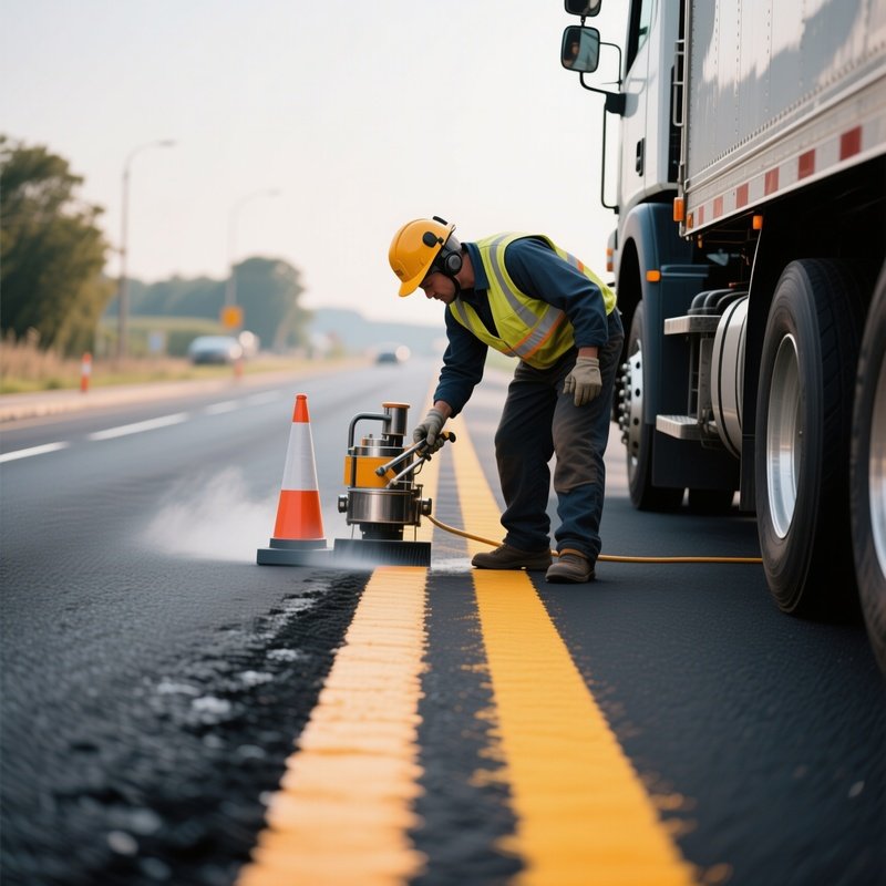 A Road Marking Truck Painting Fresh Lane Lines On Asphalt