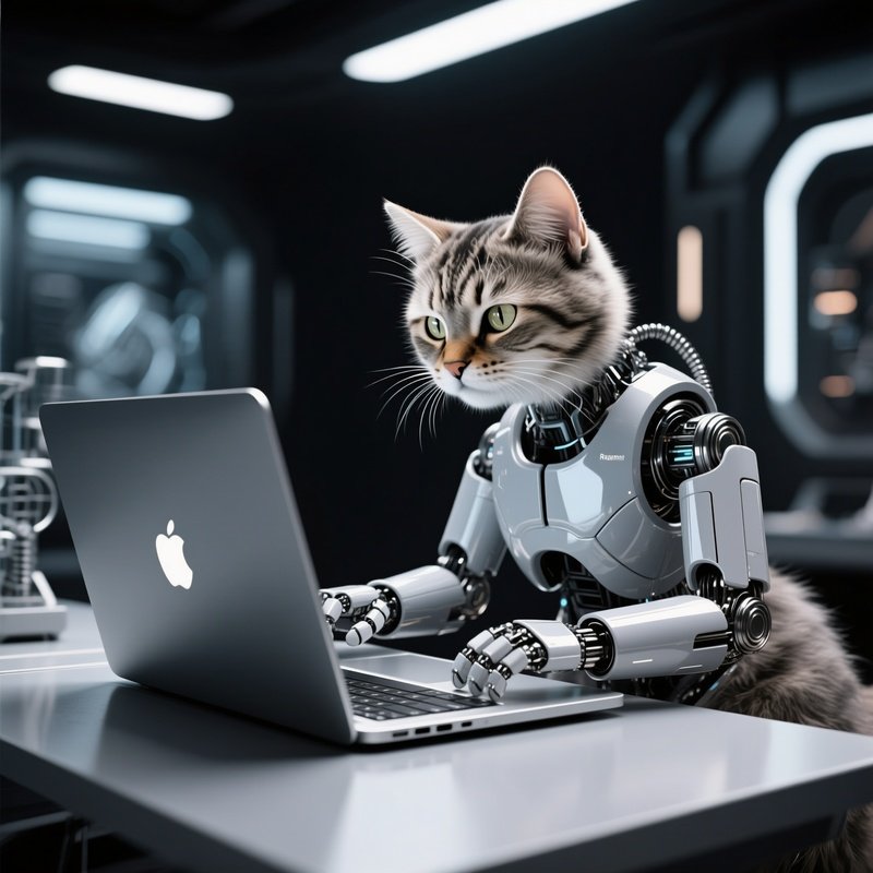 A Robotic Ragamuffin Cat On A Laptop