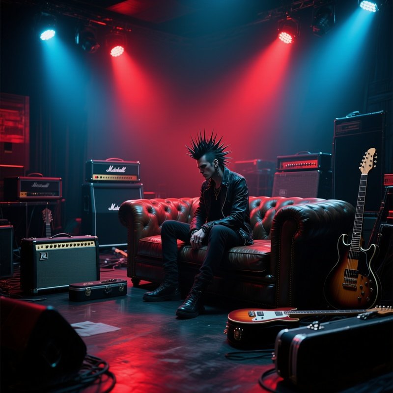 A Rock Musician With Spiked Hair Sits On A Leather Couch In A Dim Rehearsal Space, Amplifiers And