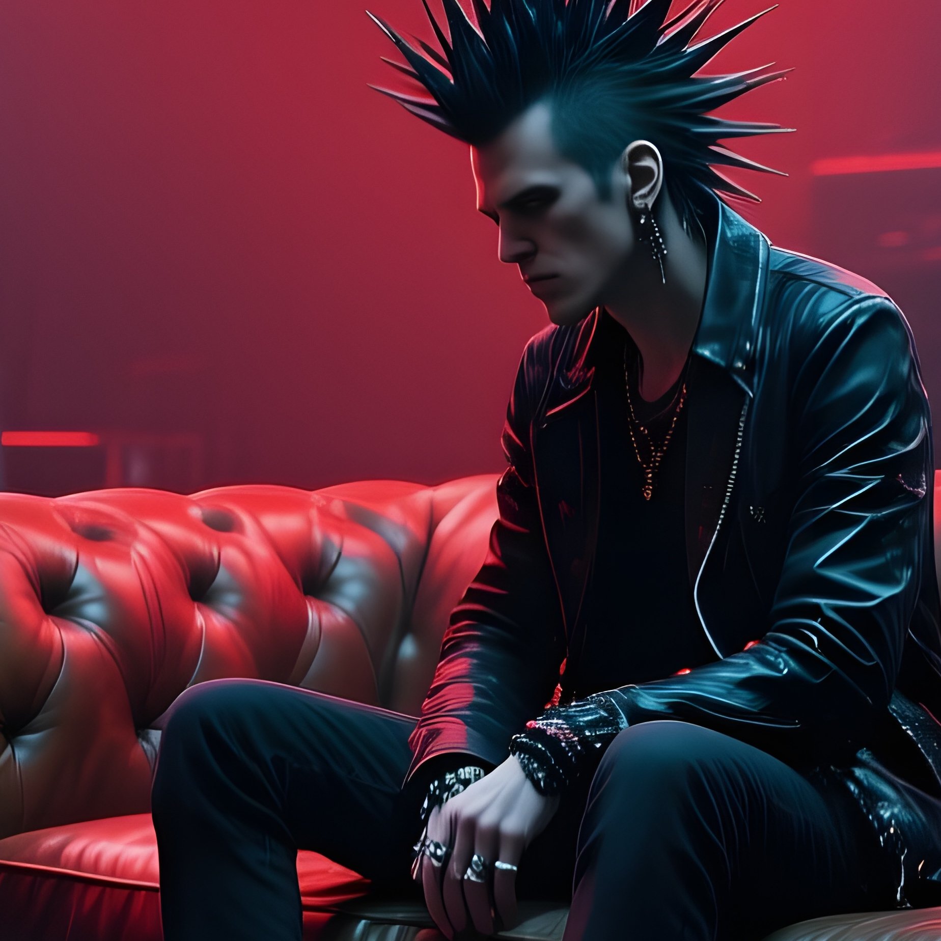 A Rock Musician With Spiked Hair Sits On A Leather Couch In A Dim Rehearsal Space, Amplifiers And - Full Resolution Quality Preview
