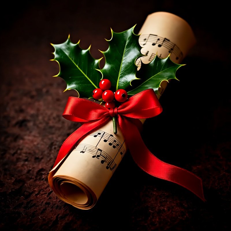 A Rolled Sheet Of Music Decorated With Holly And Berries