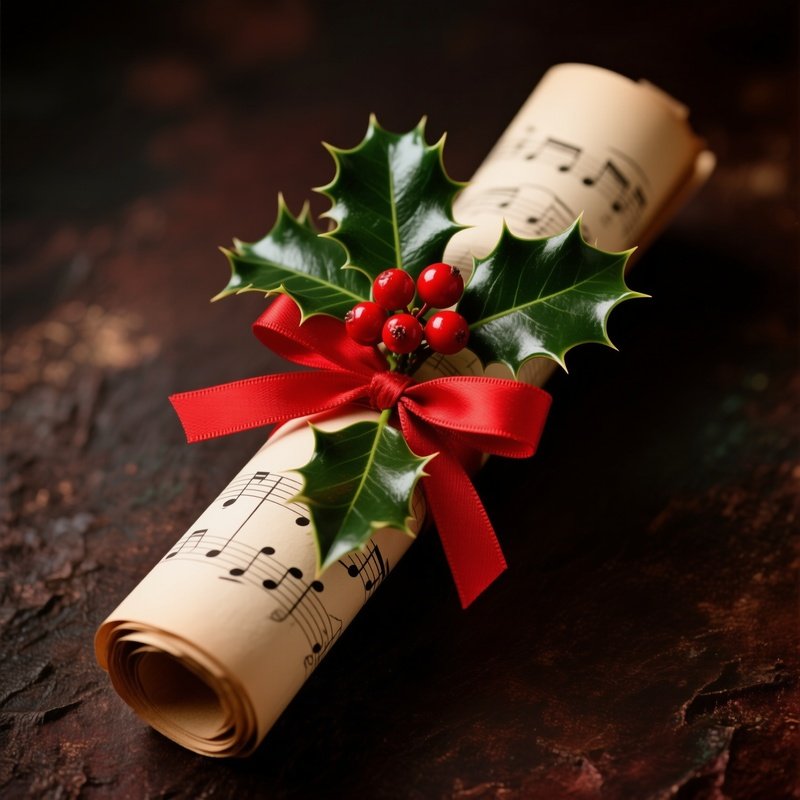 A Rolled Sheet Of Music Decorated With Holly And Berries Holiday