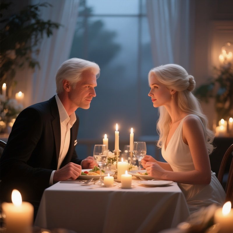 A Romantic Candlelight Dinner For A White Couple.