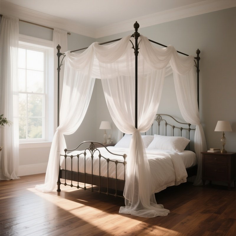 A Romantic Iron Canopy Bed Draped With Sheer, Billowing White Fabric, Sitting In A Master Bedroom With Wide Plank Wooden Floors And Bright Morning Sunlight Streaming In.