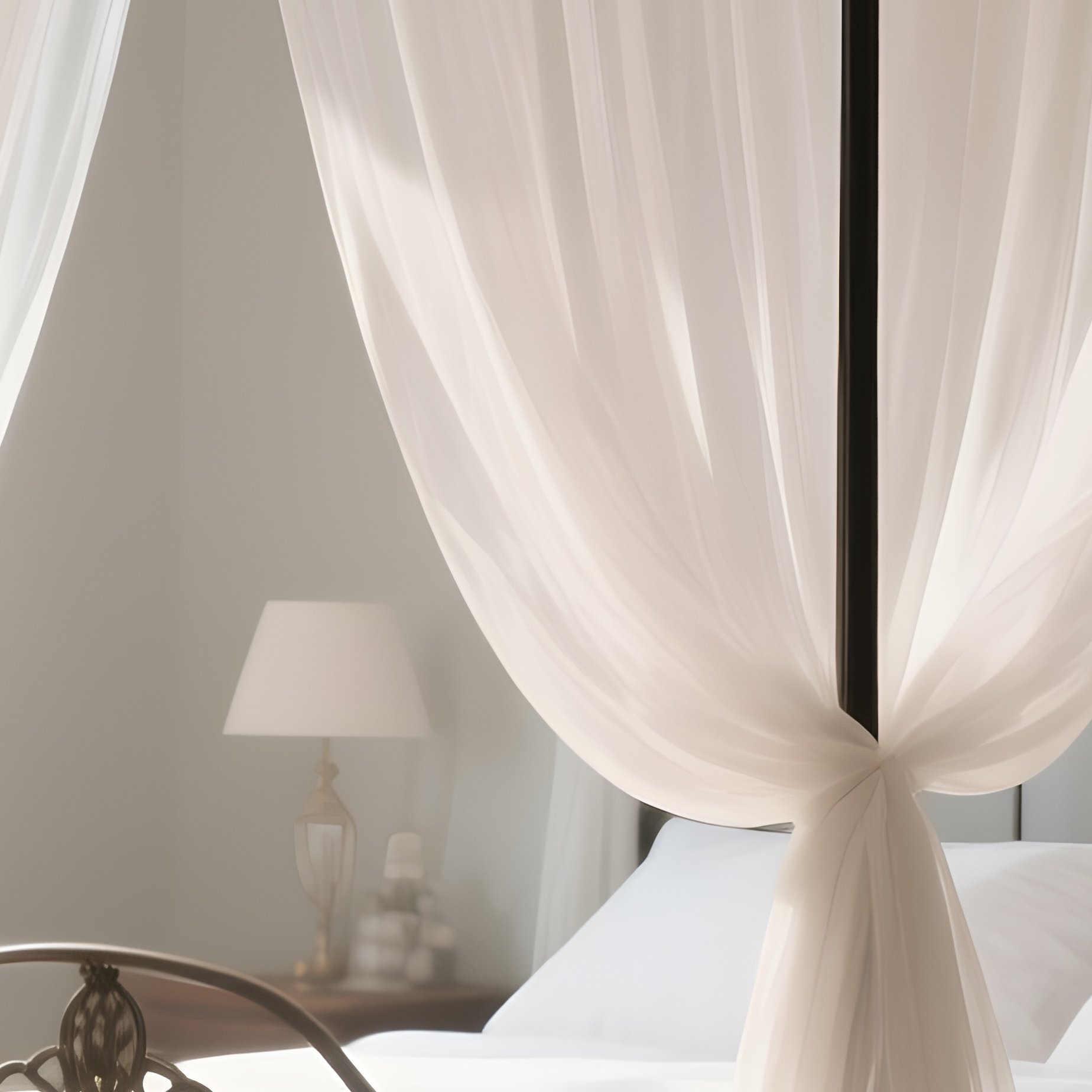 A Romantic Iron Canopy Bed Draped With Sheer, Billowing White Fabric, Sitting In A Master Bedroom With Wide Plank Wooden Floors And Bright Morning Sunlight Streaming In. - Full Resolution Quality Preview