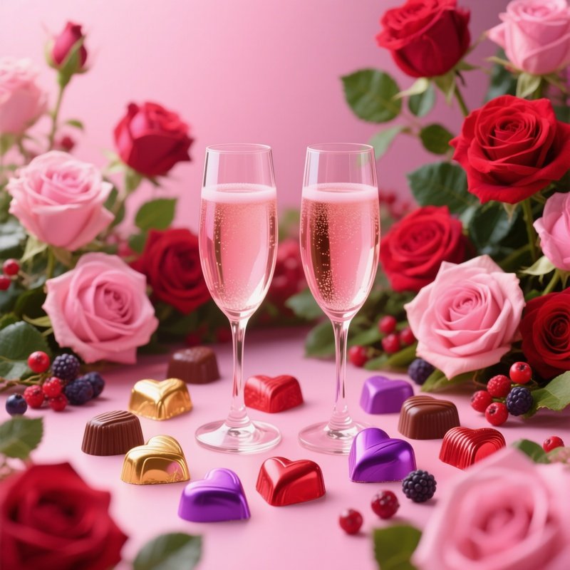 A Romantic Setting Featuring Champagne Glasses And Chocolates