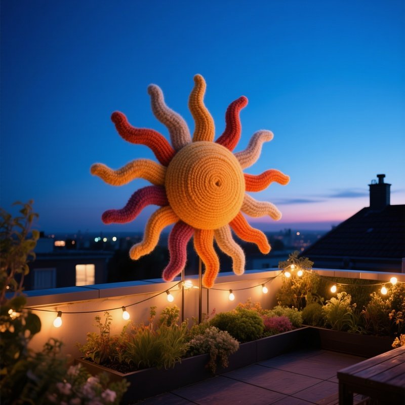 A Rooftop Garden At Twilight, Illuminated By String Lights, Displaying An Oversized Woolen Sunburst
