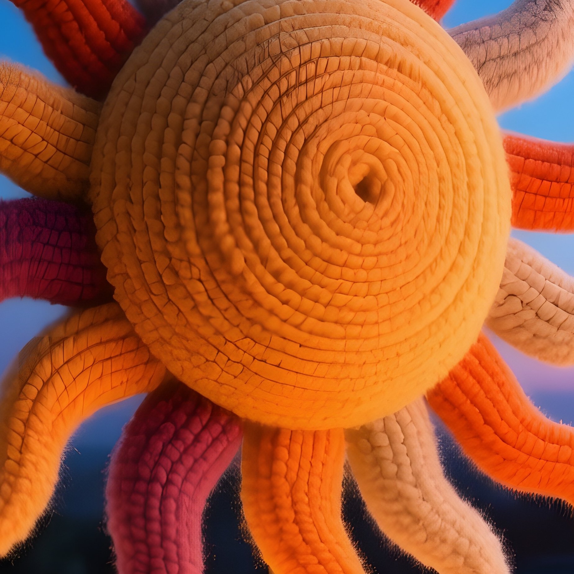 A Rooftop Garden At Twilight, Illuminated By String Lights, Displaying An Oversized Woolen Sunburst - Full Resolution Quality Preview