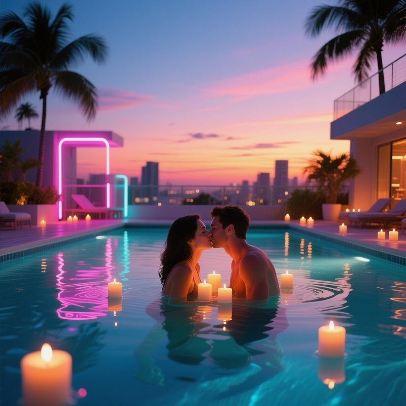 A Rooftop Pool In Miami At Sunset, Neon Lights Reflecting On Water As A Couple Shares An Intimate