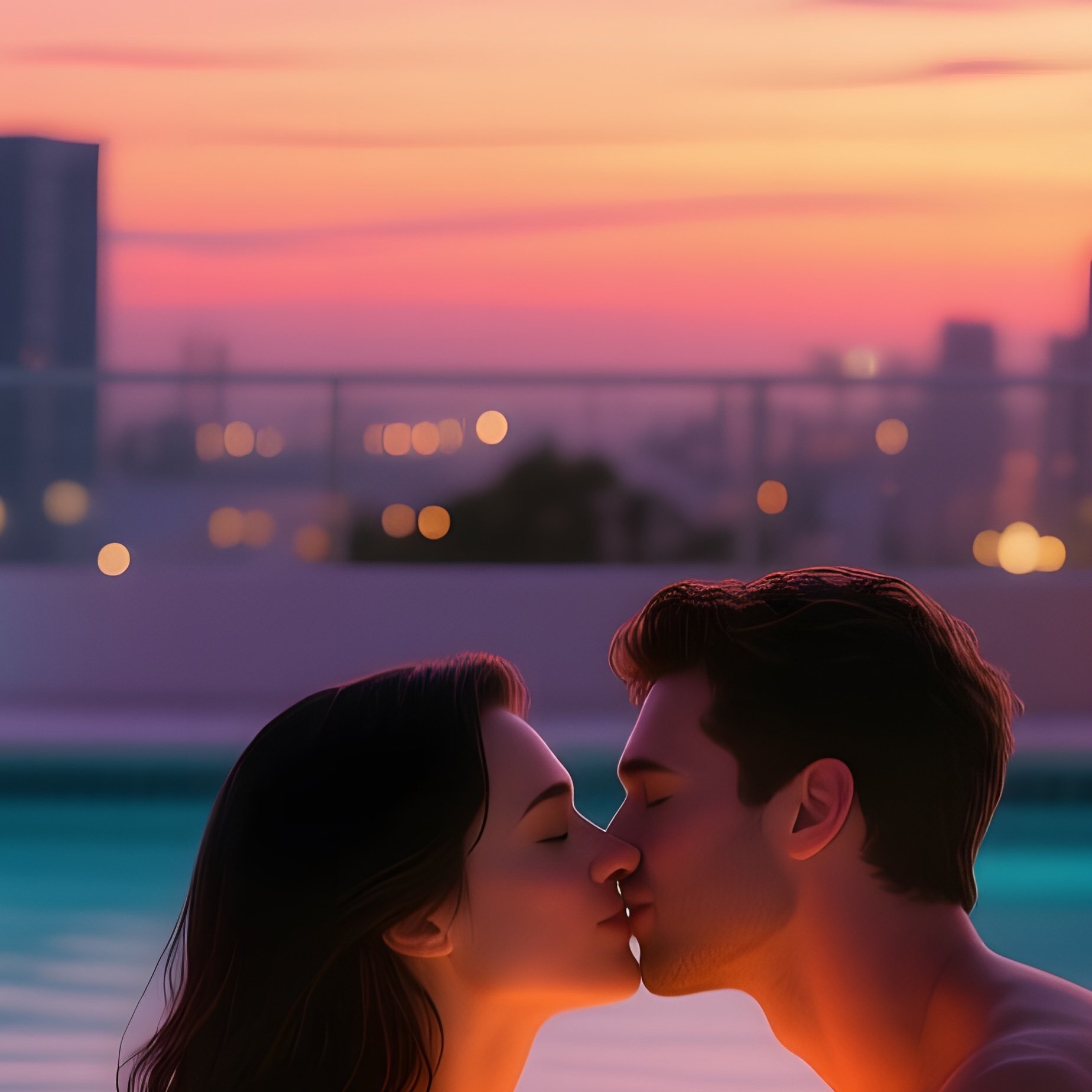 A Rooftop Pool In Miami At Sunset, Neon Lights Reflecting On Water As A Couple Shares An Intimate - Full Resolution Quality Preview