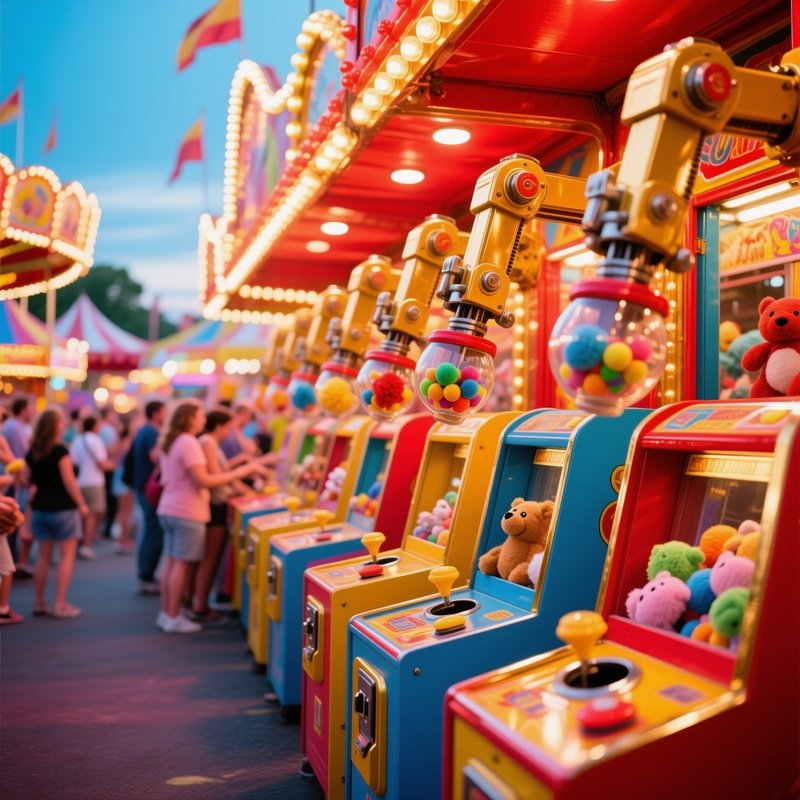 A Row Of Carnival Games With Stuffed Animal Prizes