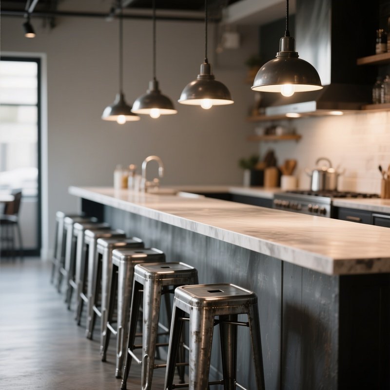 A Row Of Metal Industrial Bar Stools Lined Up At A Kitchen Island Counter, With Low Hanging Pendant Lights Illuminating The Countertop Surface.