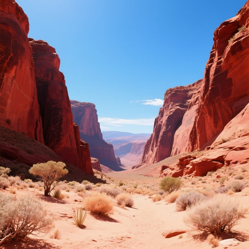 A Rugged Canyon At Midday In Midsummer, Red Rock Walls Glowing, Sparse Desert Vegetation, Clear