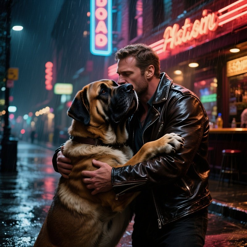 A Rugged Caucasian Man In A Leather Jacket Hugging His Massive Mastiff And Planting A Kiss On Its