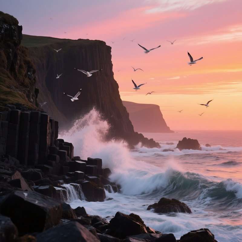 A Rugged Coastal Cliff At Sunset, Waves Crashing Against Dark Basalt Rocks While The Sky Glows