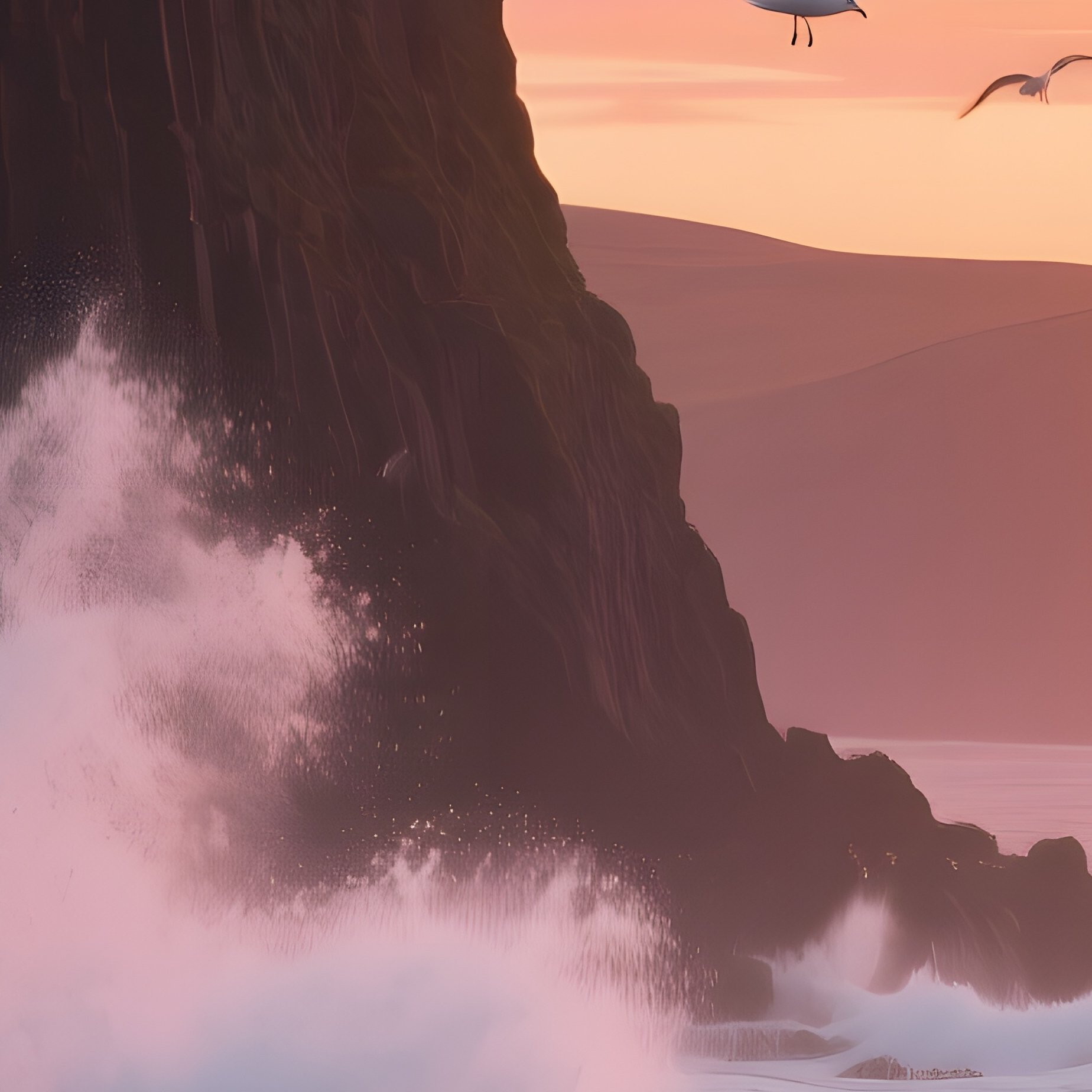 A Rugged Coastal Cliff At Sunset, Waves Crashing Against Dark Basalt Rocks While The Sky Glows - Full Resolution Quality Preview