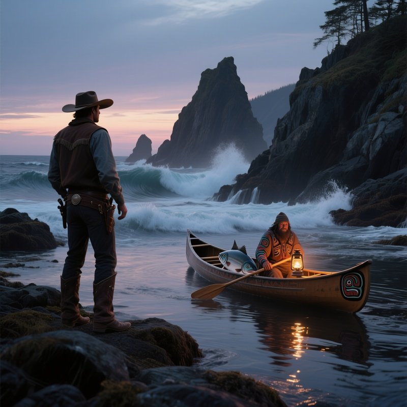A Rugged Coastline At Twilight, Waves Crashing Against Jagged Rocks, A Cowboy In A Duster Watches A