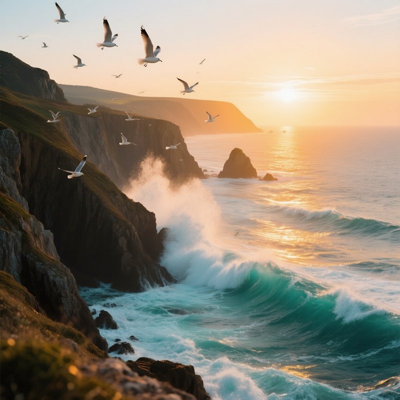 A Rugged Coastline In Late Summer, Cliffs Drenched In Turquoise Waves, Sun Low On Horizon Casting