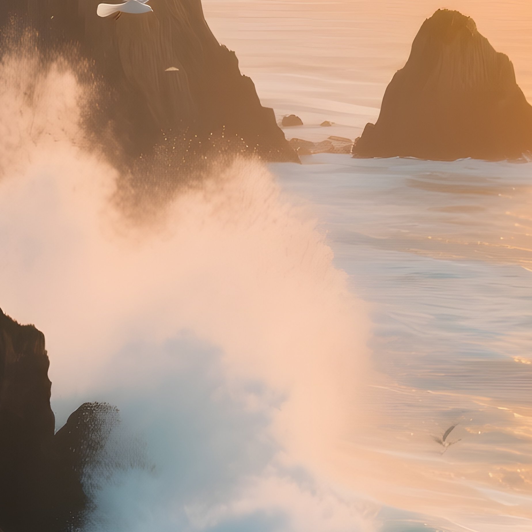 A Rugged Coastline In Late Summer, Cliffs Drenched In Turquoise Waves, Sun Low On Horizon Casting - Full Resolution Quality Preview