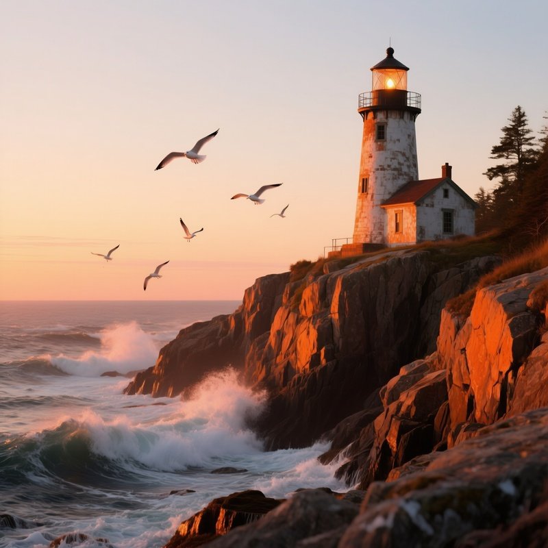 A Rugged Coastline Of Maine At Sunrise, Jagged Cliffs Drenched In Orange Light, Gulls Soaring Above
