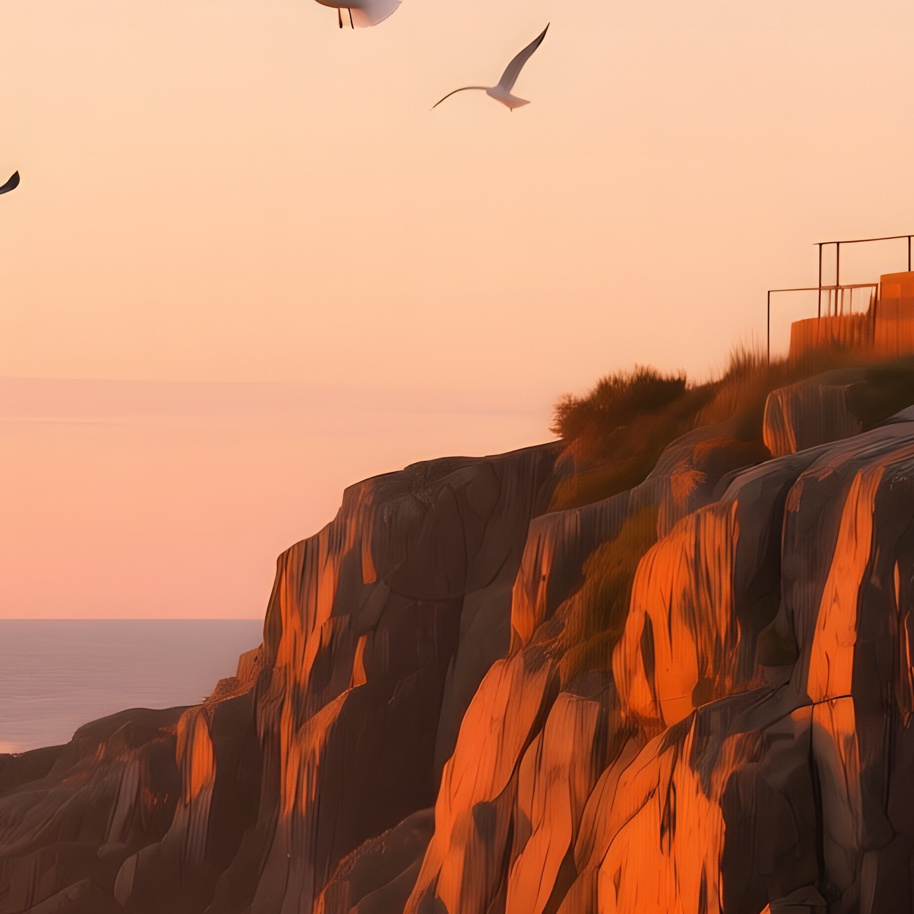 A Rugged Coastline Of Maine At Sunrise, Jagged Cliffs Drenched In Orange Light, Gulls Soaring Above - Full Resolution Quality Preview